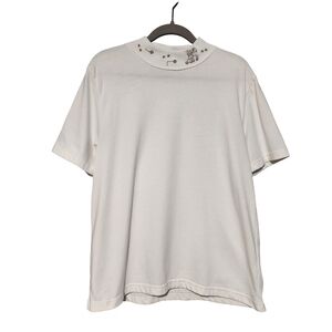 CJ BANKS Cat Mockneck Top Womens XL White Embroidred Kitty 90s Vintage